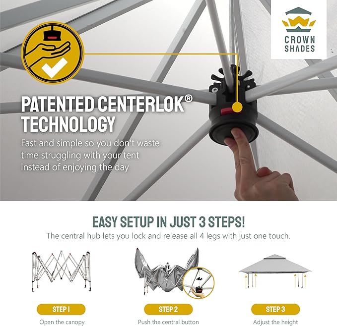 CROWN SHADES 11X11 Outdoor Pop Up Gazebo Base 10X10 Patio Gazebos Patented Center Lock Quick Setup Newly Designed Storage Bag Instant Canopy Tent with Mosquito Nettings (11x11, Gray)