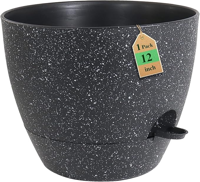 12 inch Large Self Watering Pots, Planter, Plant Pots with Mesh Drainage Holes for Indoor Outdoor House Plants and Garden, Plastic Flower Pots with Deep Reservoir, Speckled Black