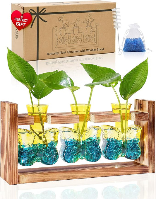Nacome Plant Terrarium with Wooden Stand,Butterfly-Shaped Glass Vase Planter Propagation Station for Home Office Decor,Unique Gifts for Plant Lovers Women Mom(Yellow)