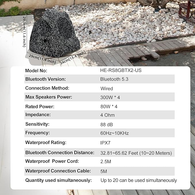 Herdio 8" Outdoor Rock Bluetooth Speakers IPX7 Waterproof Wired Max Power 1200 Watt All Weather for Deck Pool Backyard Patio Garden (2 Pair Black)