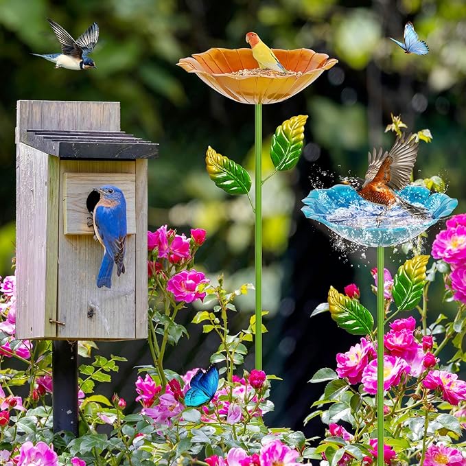 2 Pack Bird Bath for Outside, 31.3" H Metal Birdbaths, 10.63" Dia Garden Flower Bird Water Bowl, Freestanding Hummingbird Bath for Outdoors Garden Patio Yard Decor (Blue,Yellow)