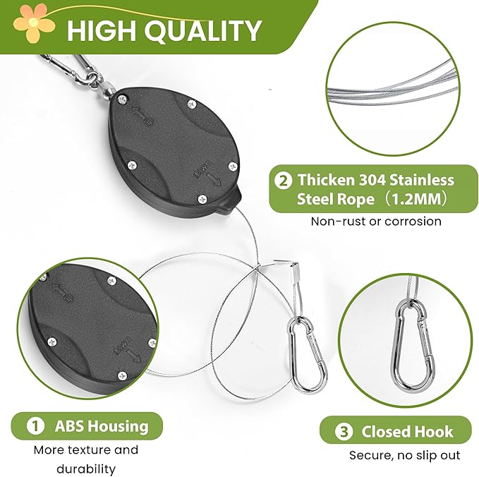 2025 Upgraded Retractable Plant Hanger - Heavy Duty Plant Pulleys for Hanging Plants, Outdoor Adjustable Hooks, Durable Plant Pulley for Garden Baskets Pots,Birds Feeder, 2 Pack