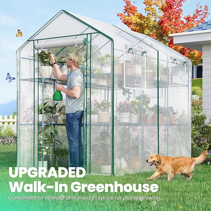 KING BIRD Premium Greenhouse for Outdoors, 84 x 56 x 77 Upgraded PE Cover & Steel Frame Walk in Hot House, w/ Zippered Screen Windows Mesh Door, 3 Tiers 20 Shelves for Outside Garden, White