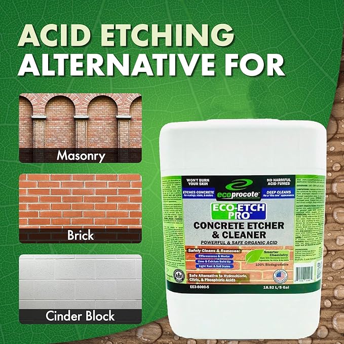 Eco Etch Pro Concrete Cleaner & Etcher Dissolver - Efflorescence, Rust & Dirt Remover from Brick, Driveway, Garage - Gentle Substitute for Citric Acid - Non-Toxic & Safe - 5 Gallon