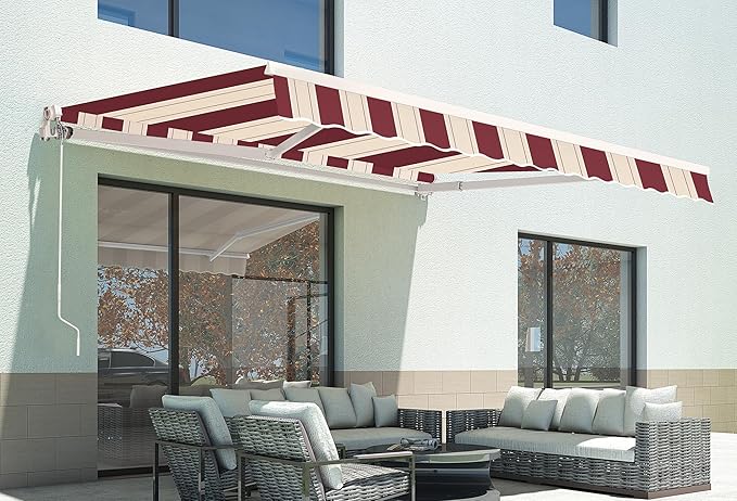 MCombo 9.9x7.8 Feet Manual Retractable Patio Door Window Awning Sunshade Shelter Outdoor Canopy,0810 (Brick Red with Beige Stripes, 9.9'(L) x 7.8'(W))