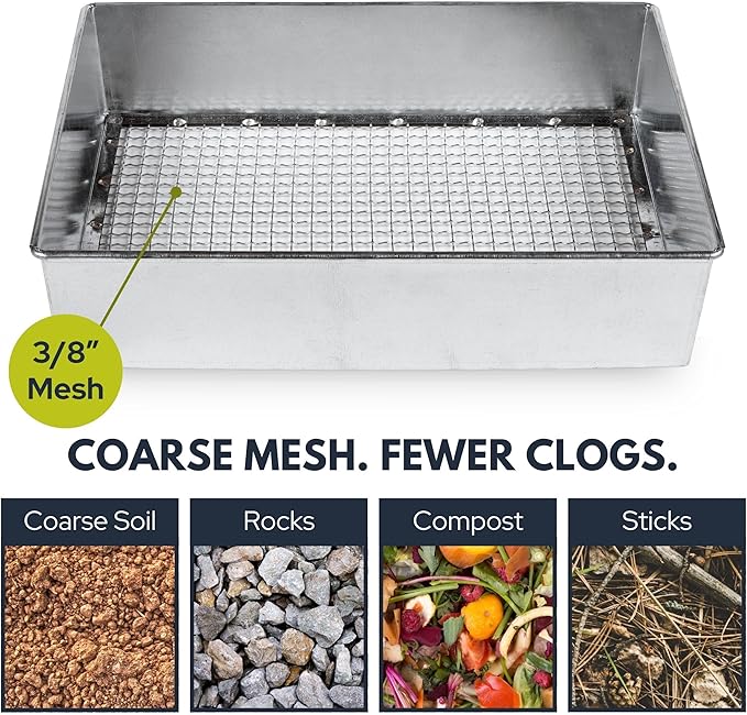 Soil Sifter, Standard Size (12 x 10 inches) with 3/8-inch Mesh, Trapping and Garden Sieve for Dirt, Sand, Rocks, and Compost