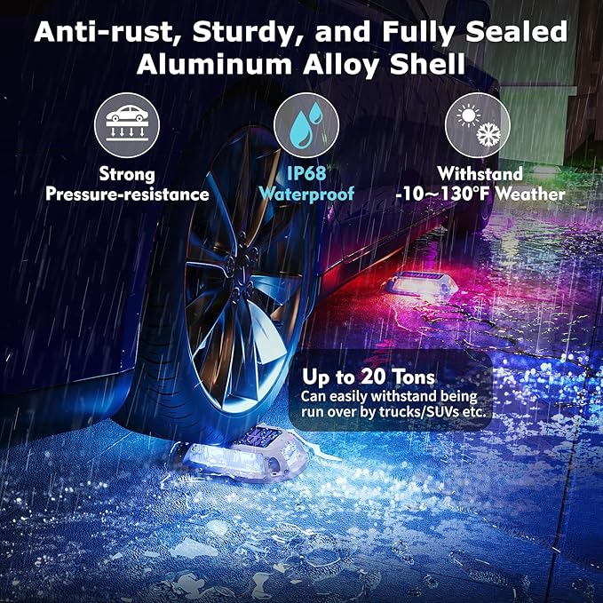 12Pack Aluminum Alloy Solar Driveway Lights, IP68 Solar Deck Light Marine Dock Lights Outdoor Waterproof, Multi-color LED Driveway Markers for Walkway, Path Decor [12Modes - Strobe/RGB/Fix-color]