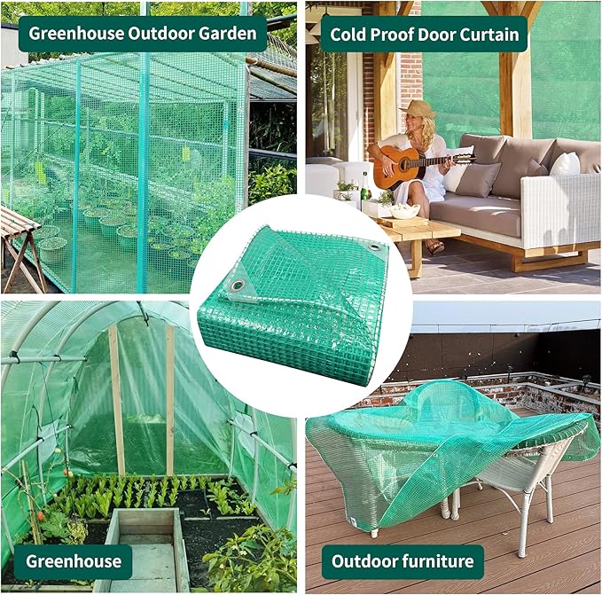 TARPAL 8'x8' Clear Green Tarp Heavy Duty Waterproof 12mil with Grommets or Zip Ties for Small Greenhouse for Outdoors Garden,Farm,Chicken Coops