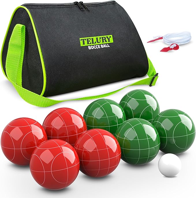 100mm Bocce Ball Set Regulation Size and Weight for Lawn, Beach Bocci Game for 2-8 Players (Green and Red)