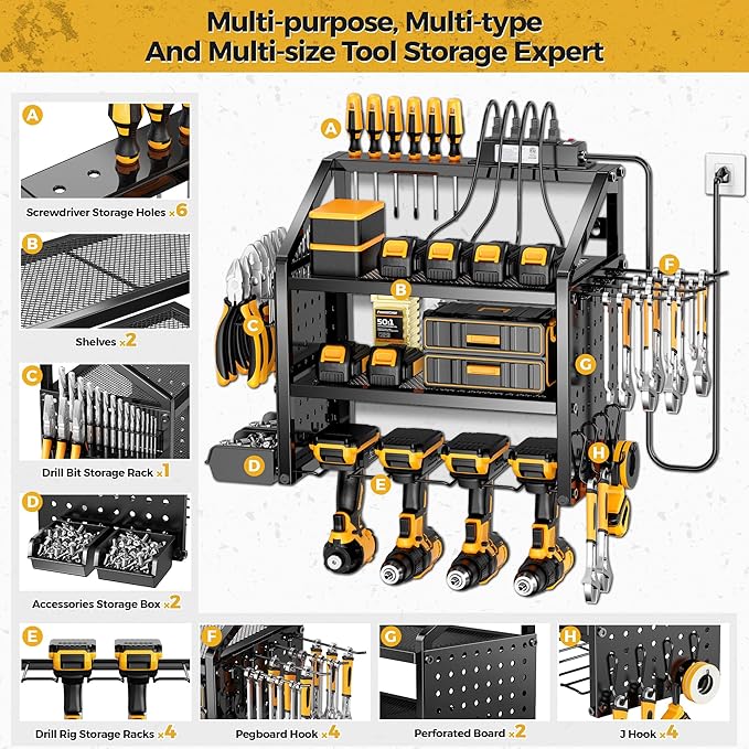 LBT Heavy Duty Metal Power Tool Organizer Wall Mount with 4 Outlet Charging Station & Drill Holder, 4 Layer Garage Storage Rack 120LB, Gift for Men Dad Husband (Workshop, Anniversary, Father's Day)