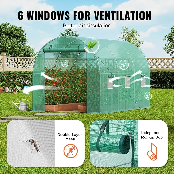 VEVOR Walk-in Tunnel Greenhouse, 9.6x6.4x6.2 ft Hoop House Greenhouse Tunnel, Plant Hot House with Galvanized Steel Frame, Green PE Cover, Roll-up Zipper Door and 6 Windows for Outdoor