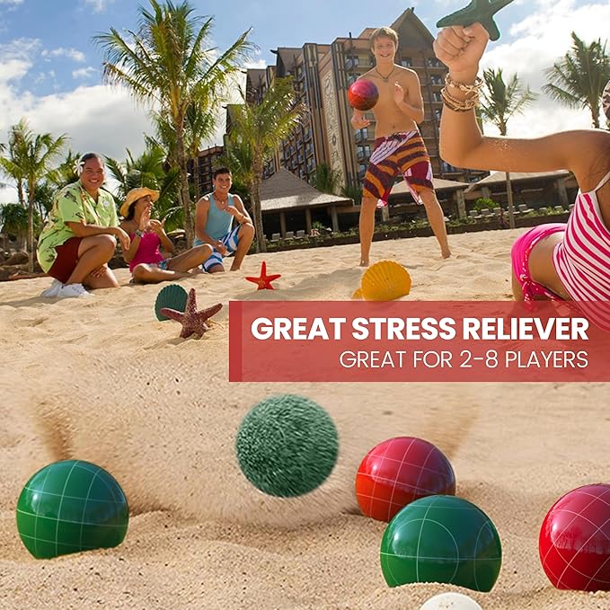 100mm Bocce Ball Set Regulation Size and Weight for Lawn, Beach Bocci Game for 2-8 Players (Green and Red)