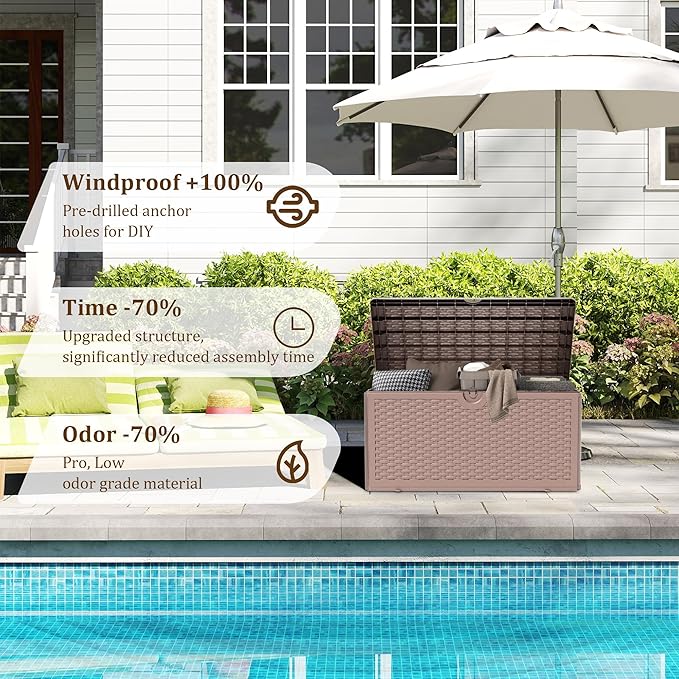 80 Gallon Pro Resin Deck Box, Waterproof Outdoor Storage Bin for Patio, Poolside, and Garden, Lockable & UV-Resistant, Black