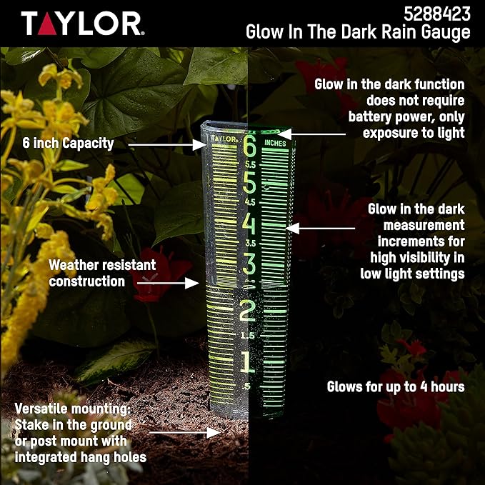 Taylor Glow-In-The-Dark Mountable Rain Gauge, Measure and Monitor Precipitation, Easy to Read for Backyard, Patio, Garden, and Lawn, 6-inch, Black and Green