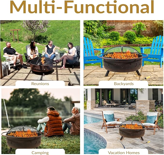 Sunnydaze Cosmic 42-Inch Large Outdoor Fire Pit - Wood-Burning Fire Pit with Round Spark Screen, Poker, and Built-in Grate