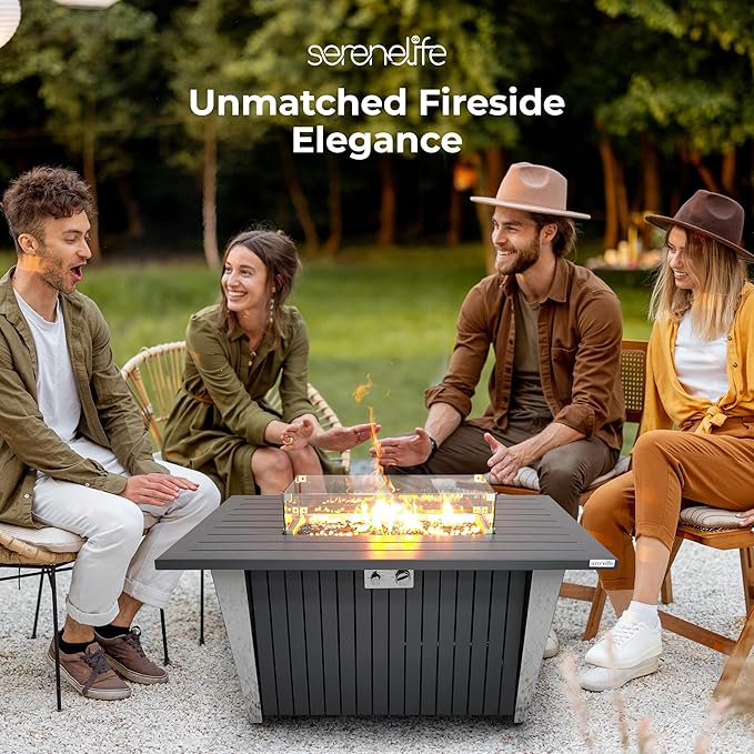 Outdoor Propane Fire Pit Table - CSA/ETL Certified 50,000 BTU Pulse Ignition Weatherproof Rectangle Propane Gas Fire Table w/Adjustable Flame - Glass Wind Guard, Glass Rocks - SereneLife SLNFLGA5