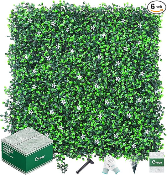 12PCS Grass Wall Panel with Flowers, 20x20inch Boxwood Panels, Grass Backdrop of Covering 33.33SQFT, UV Protected Wall Backdrop for Outdoor Garden and Indoor Home Wedding