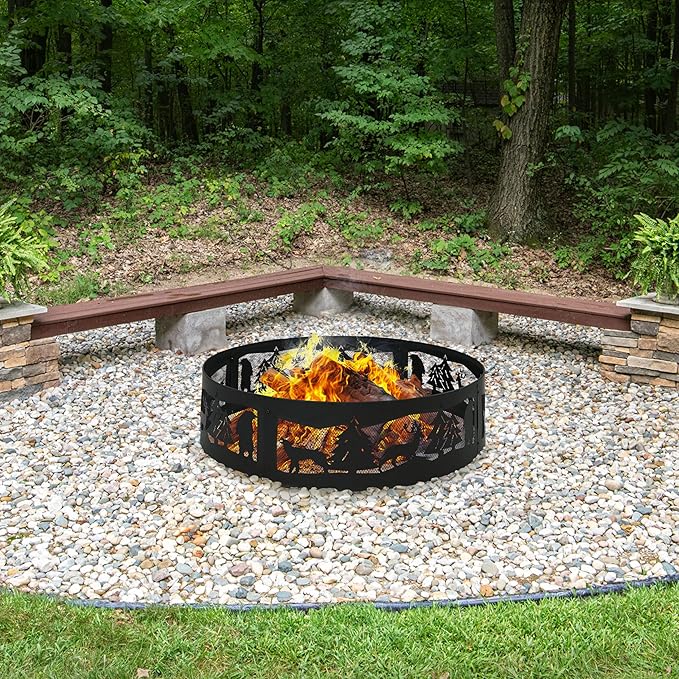 Sunnydaze 36-Inch Outdoor Fire Pit Ring - Heavy-Duty Portable Metal Fire Ring - 360-Degree Wildlife Cutouts - Forest Wilderness