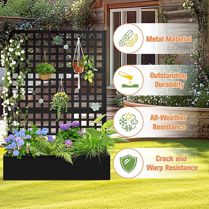 Metal Planter Box with Trellis & Wheels, Raised Garden Bed with Privacy Screen, Outdoor Standing Flower Beds with Drainage Hole for Climbing Plants, Vine, 47" Lx16 Wx71 H