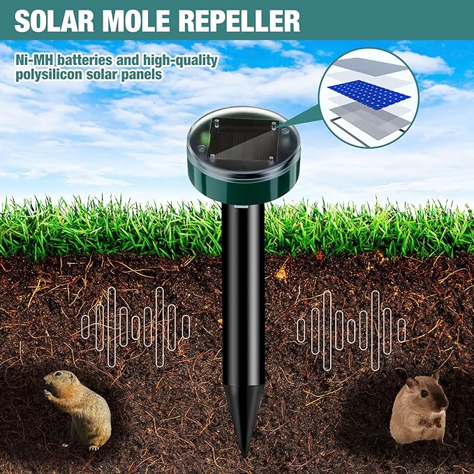 28 Pieces Solar Mole Repellent Ultrasonic Outdoor Gopher Deterrent Spikes for Garden Yard Lawn Waterproof Solar Powered Repeller for Groundhogs, Voles, Snakes and Other Burrowing Animals (Round)