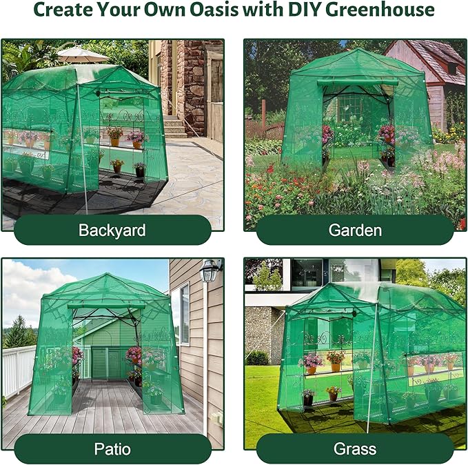 11 x 8.5 FT Walk-in Greenhouse, Portable Pop-up Green House 3 Adjustable Hights Heavy Duty Plant Gardening Canopy with Durable PE Cover for Indoor Outdoor (Clear and Green)
