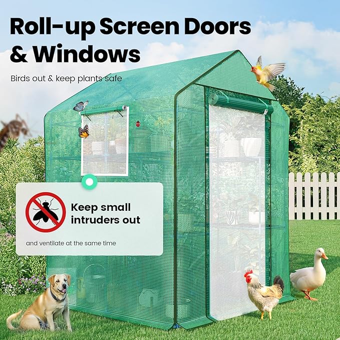 KING BIRD Premium Greenhouse for Outdoors, 56 x 56 x 77 Upgraded PE Cover & Steel Frame Walk in Hot House, w/ Zippered Screen Windows Mesh Door, 3 Tiers 14 Shelves for Outside Garden, Green