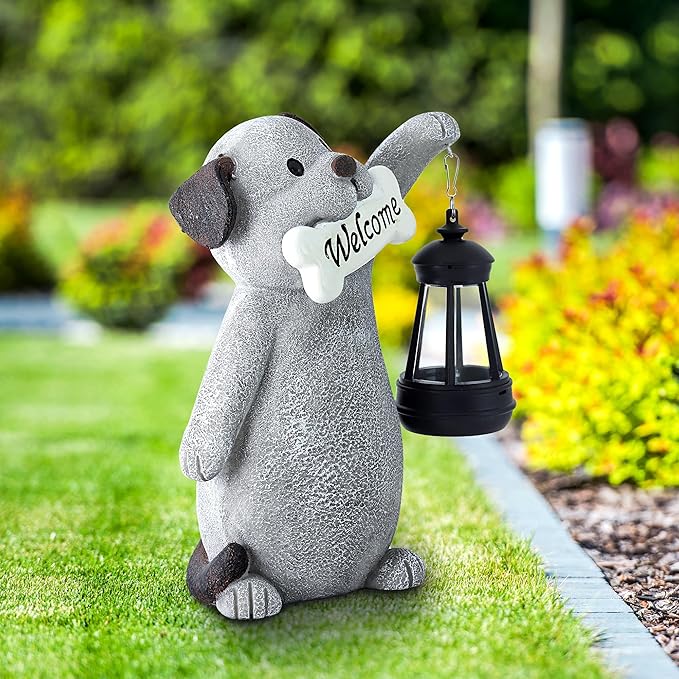 Solar Dog Statues for Garden Decor - Outdoor Dog 9.2in Figurines with Solar Lantern for Yard Patio Lawn Balcony Ornaments - Garden Gifts for Mothers Day, Grandma, Easter