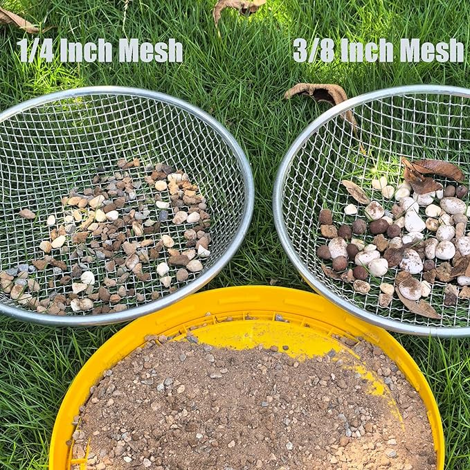 2PCS YUEBM Gardening Sand Soil Compost Sifter Perfect for 5 Gallon Bucket, 1/4 Inch Mesh, 3/8 Inch Mesh