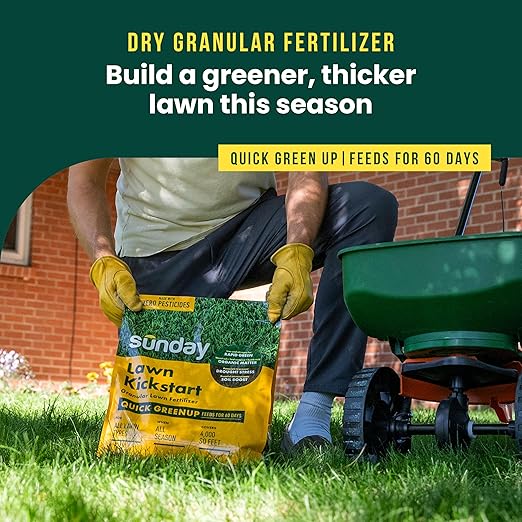 Sunday Lawn Kickstart Granular Fertilizer, 25-0-4, 12 lbs - Fast Green-Up & Soil Enrichment Lawn Fertilizer - Dual-Action Nitrogen & Iron for Up to 60 Days of Rapid Growth - Covers Up to 4,000 Sq Ft