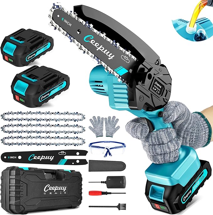 Mini Chainsaw Cordless,6 Inch Portable Electric Chain Saw, Automatic Oiler, Battery Powered Small Handheld Saw, Security Lock Trees Branches Trimming,Wood Cutting, 2 Batteries 3 Chains 2025