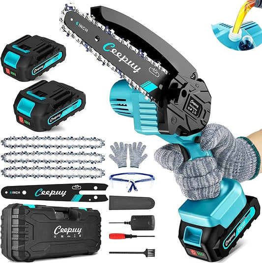 Mini Chainsaw Cordless,6 Inch Portable Electric Chain Saw, Automatic Oiler, Battery Powered Small Handheld Saw, Security Lock Trees Branches Trimming,Wood Cutting, 2 Batteries 3 Chains 2025