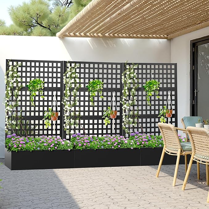 Metal Planter Box with Trellis, Heavy-Duty Raised Garden Bed for Climbing Plants, Drainage Hole, Outdoor Planter Box with Privacy Screen，47''L×16''W×71''H