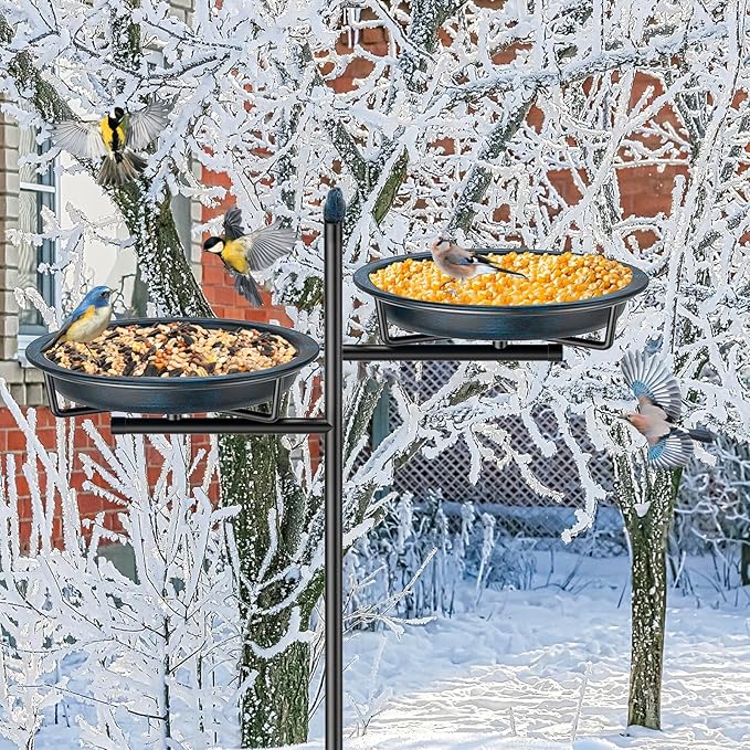 2-in-1 Metal Bird Bath for Outside, Vintage Freestanding Birdbaths Feeder Bowl, Stable & Easy to Clean Birdfeeder for Outdoors Garden Yard Lawn Decor (Vintage Blue)