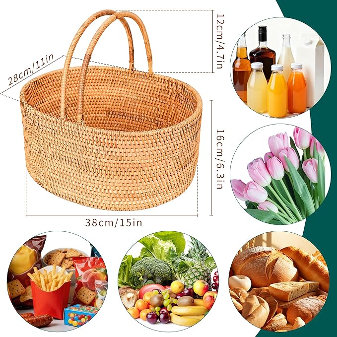 15"×11"×6.3" Rattan Picnic Basket with Handles, Large Oval Gift Baskets, Hand-Woven Basket for Fruit, Empty Gift Basket for Festival, Wedding, Camping