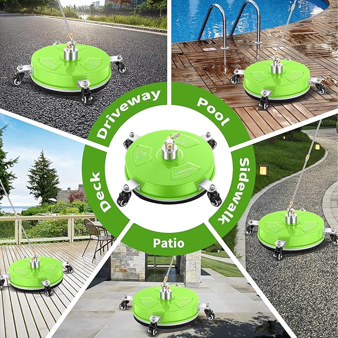 14" Pressure Washer Surface Cleaner with 4 Wheels - Coated Green Stainless Steel Surface Cleaner for Pressure Washer Attachment for Concrete, Patio, Sidewalk, Deck and Driveways - PWS14G