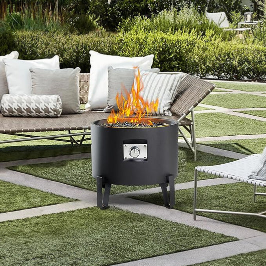 Portable Propane Fire Pit for Camping RV 50,000 BTU Round 15'' H x 16'' W Portable Gas Firepit W/Lid, Glass Rocks & Weather Resistant for Outdoors, Propane Extension Hose, Black