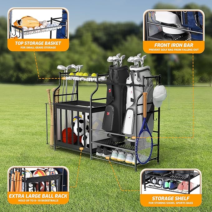 PLKOW Sports Equipment Organizer Rack, Garage Ball Rack, 2 Golf Bag Storage and Sports Gear Organizer for Garage