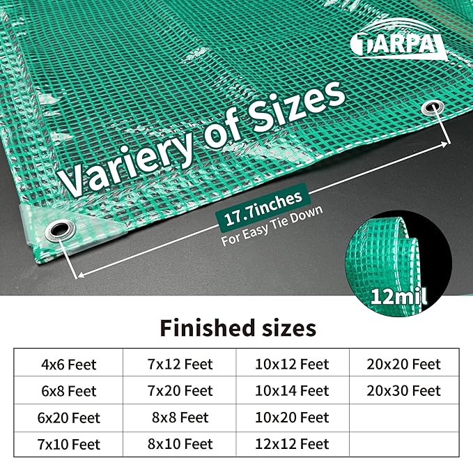 TARPAL 8'x8' Clear Green Tarp Heavy Duty Waterproof 12mil with Grommets or Zip Ties for Small Greenhouse for Outdoors Garden,Farm,Chicken Coops