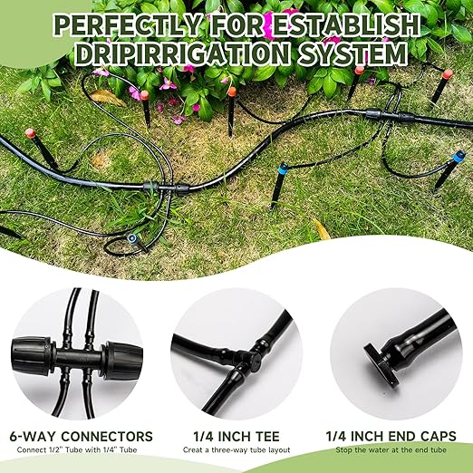 100FT 1/4 Inch Drip Irrigation kit Tubing Distribution Hose Tube for Garden Drip Irrigation System (Includes 2 Pack 6-Way Connector and 20pcs 1/4" Tee Splitters and End Plugs)