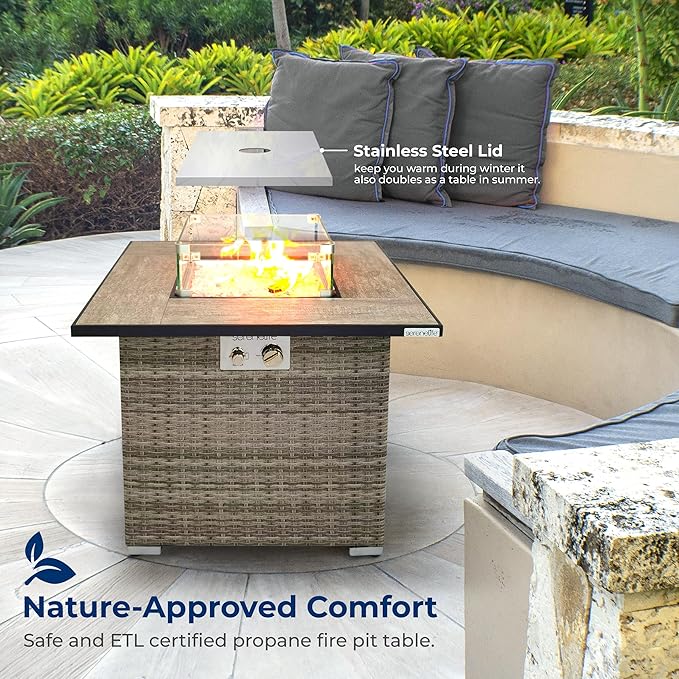 Outdoor Propane Fire Pit Table - CSA/ETL Certified Safe 50,000 BTU Pulse Ignition Weatherproof Square Wicker Propane Gas Fire Table w/Tile Tabletop Adjustable Flame - Glass Rocks