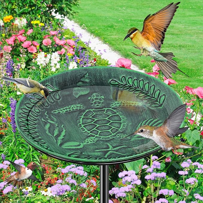 Metal Bird Bath for Outside, Detachable Birdbath & Birdfeeder with Base Stake, Vintage Bird Baths Feeder Bowl for Outdoors Garden Yard Lawn Decor (Vintage Green)