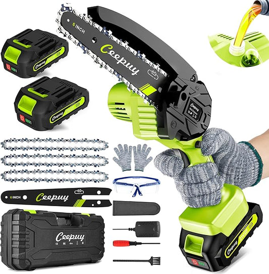 Mini Chainsaw Cordless,6 Inch Portable Electric Chain Saw, Automatic Oiler, Battery Powered Small Handheld Saw, Security Lock Trees Branches Trimming,Wood Cutting, 2 Batteries 3 Chains 2025