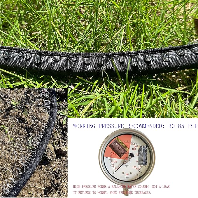 Flat Soaker Hose 75 150 FT for Garden Beds, 150FT 1/2" Linkable Consistent Drip Irrigation Hose Save 80% Water, Leakproof Heavy Duty Double Layer Sprinkler Hose
