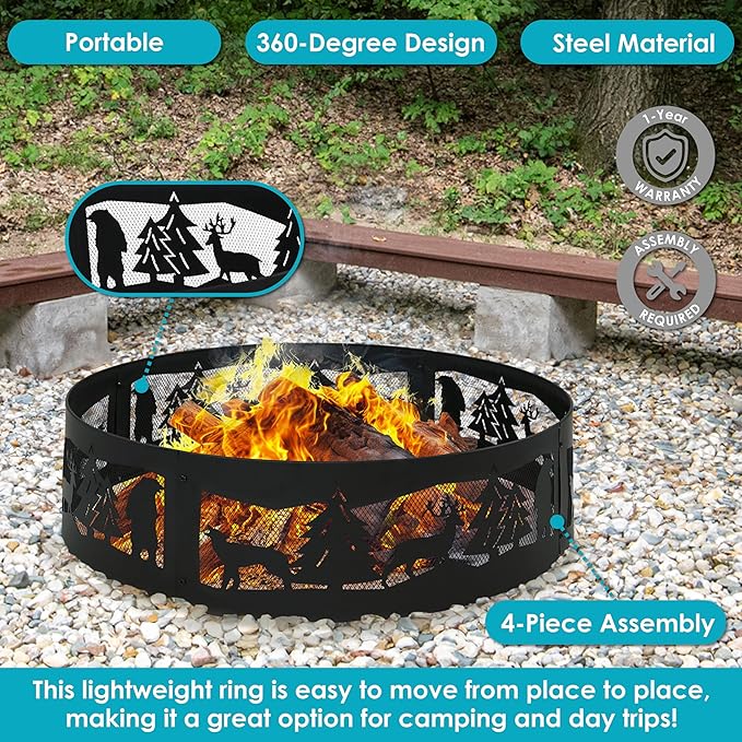 Sunnydaze 36-Inch Outdoor Fire Pit Ring - Heavy-Duty Portable Metal Fire Ring - 360-Degree Wildlife Cutouts - Forest Wilderness