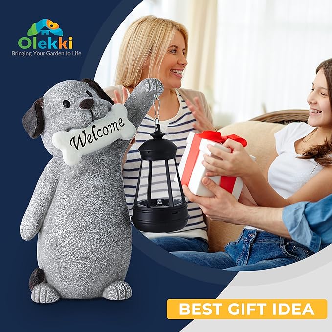 Solar Dog Statues for Garden Decor - Outdoor Dog 9.2in Figurines with Solar Lantern for Yard Patio Lawn Balcony Ornaments - Garden Gifts for Mothers Day, Grandma, Easter