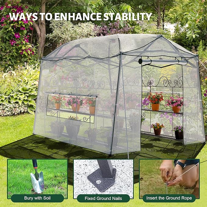 11 x 8.5 FT Walk-in Greenhouse, Portable Pop-up Green House 3 Adjustable Hights Heavy Duty Plant Gardening Canopy with Durable PE Cover for Indoor Outdoor (Clear and White)