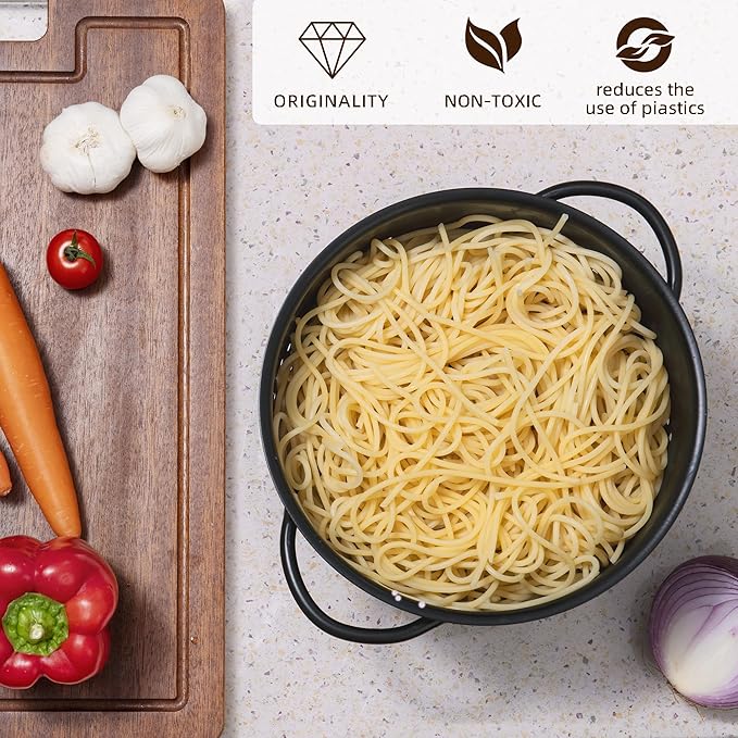 Metal Colander 5 Quart Powder Coated Self-draining Metal Strainer with Base,Kitchen Pasta Fruit Vegetable Basket with Double Handles (Light Black)