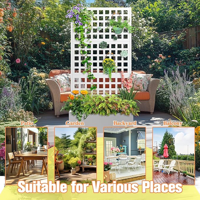 Metal Planter Box with Trellis & Wheels, Raised Garden Bed with Privacy Screen, Outdoor Standing Flower Beds with Drainage Hole for Climbing Plants, Vine, 35" Lx16 Wx71 H