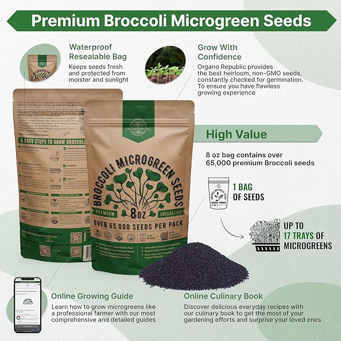 Organo Republic Broccoli Sprouting & Microgreens Seeds - 65,000 Non-GMO Heirloom Seeds, Sprouts in Bulk 8oz Resealable Bag for Planting & Growing in Soil, Coconut Coir, Aeroponic & Hydroponic System