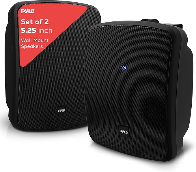 Pyle 5.25 Inch 2 Way Outdoor Waterproof Mountable Wireless Bluetooth Dual Speakers with Heavy Duty Grill Cabinet Enclosure, Black (2 Pack)
